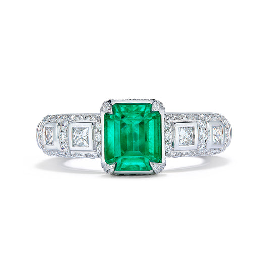No Oil Zambian Emerald Ring with D Flawless Diamonds set in 18K White Gold