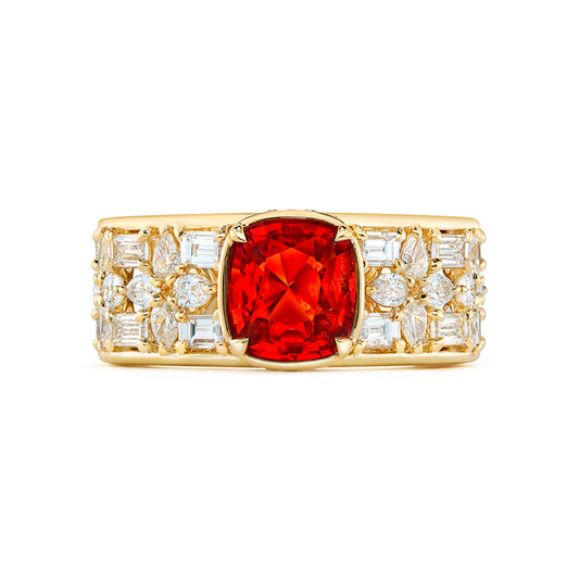 Unheated Schiller Intense Orange Sapphire Ring with D Flawless Diamonds set in 18K Yellow Gold