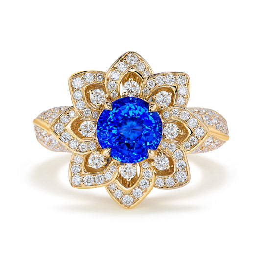 Unheated Ceylon Intense Cornflower Blue Sapphire Ring with D Flawless Diamonds set in 18K Yellow Gold