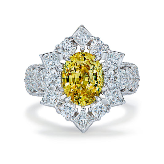 Unheated Ceylon Canary Yellow Sapphire Ring with D Flawless Diamonds set in 18K White Gold