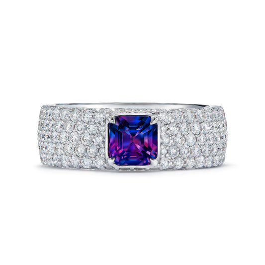 Unheated Ceylon Bi Color Sapphire Ring with D Flawless Diamonds set in 18K White Gold