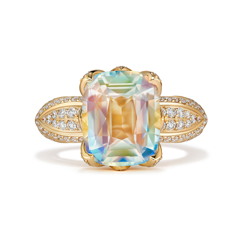 Rainbow Moonstone Ring with D Flawless Diamonds set in 18K Yellow Gold