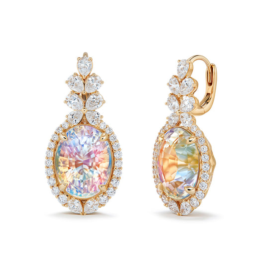 Rainbow Moonstone Earrings with D Flawless Diamonds set in 18K Yellow Gold