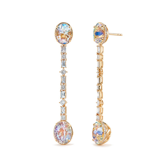 Rainbow Moonstone Earrings with D Flawless Diamonds set in 18K Yellow Gold