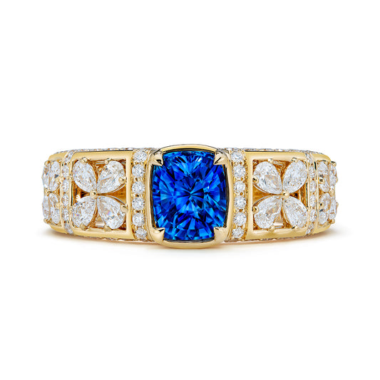 Unheated Ceylon Blue Sapphire Ring with D Flawless Diamonds set in 18K Yellow Gold