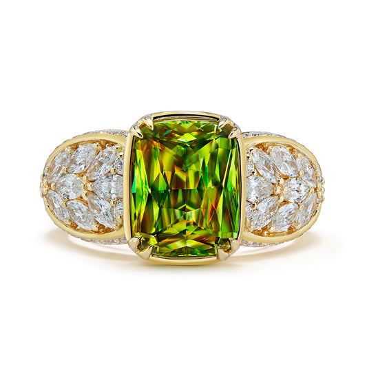 Green Sphene Ring with D Flawless Diamonds set in 18K Yellow Gold