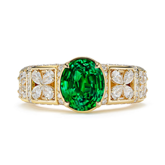 Tsavorite Garnet Ring with D Flawless Diamonds set in 18K Yellow Gold
