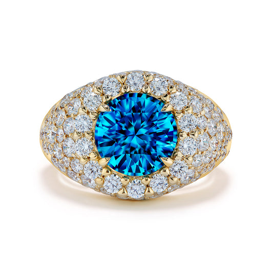 Blue Zircon Ring with D Flawless Diamonds set in 18K Yellow Gold