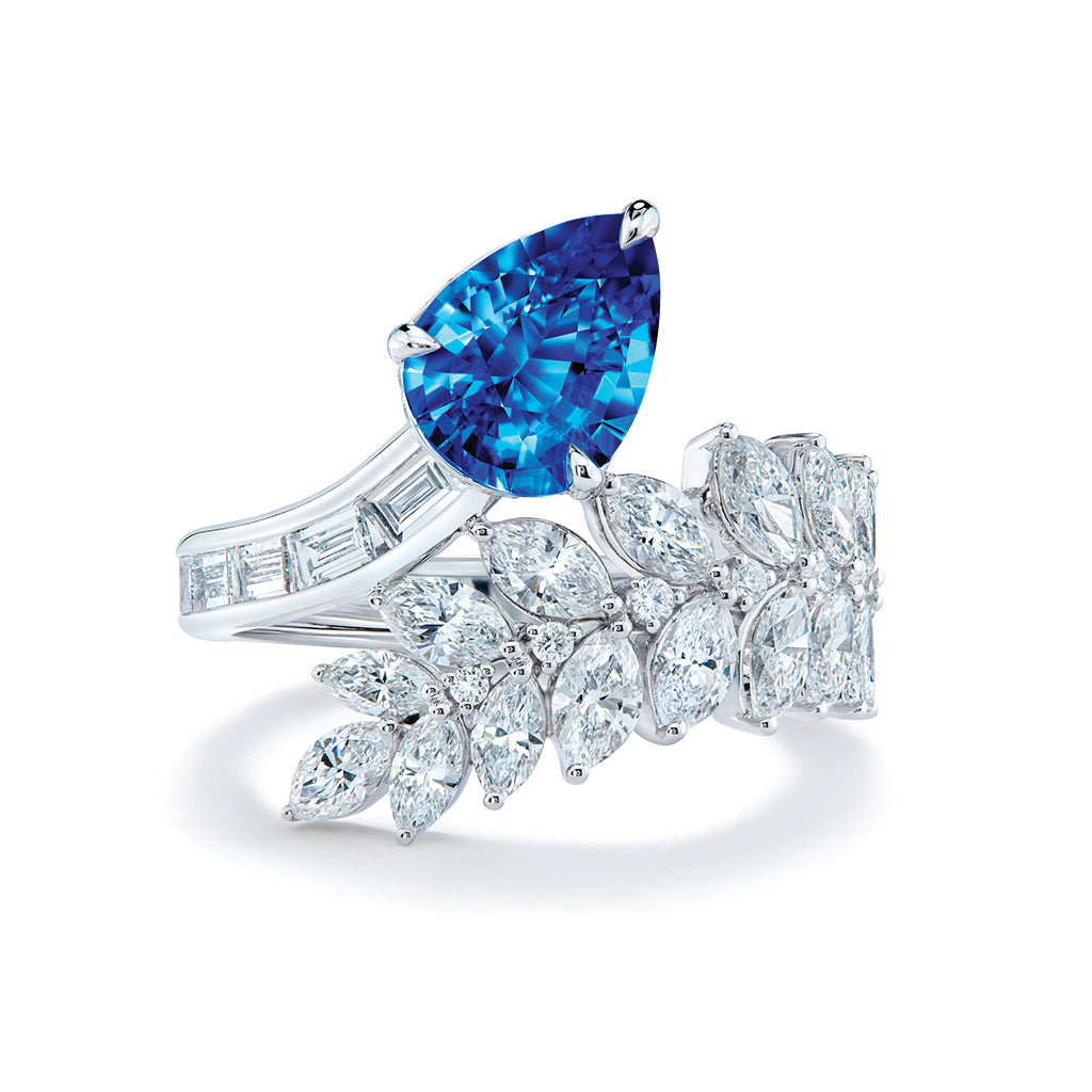 Unheated Intense Blue Ceylon Sapphire Ring with D Flawless Diamonds set in 18K White Gold