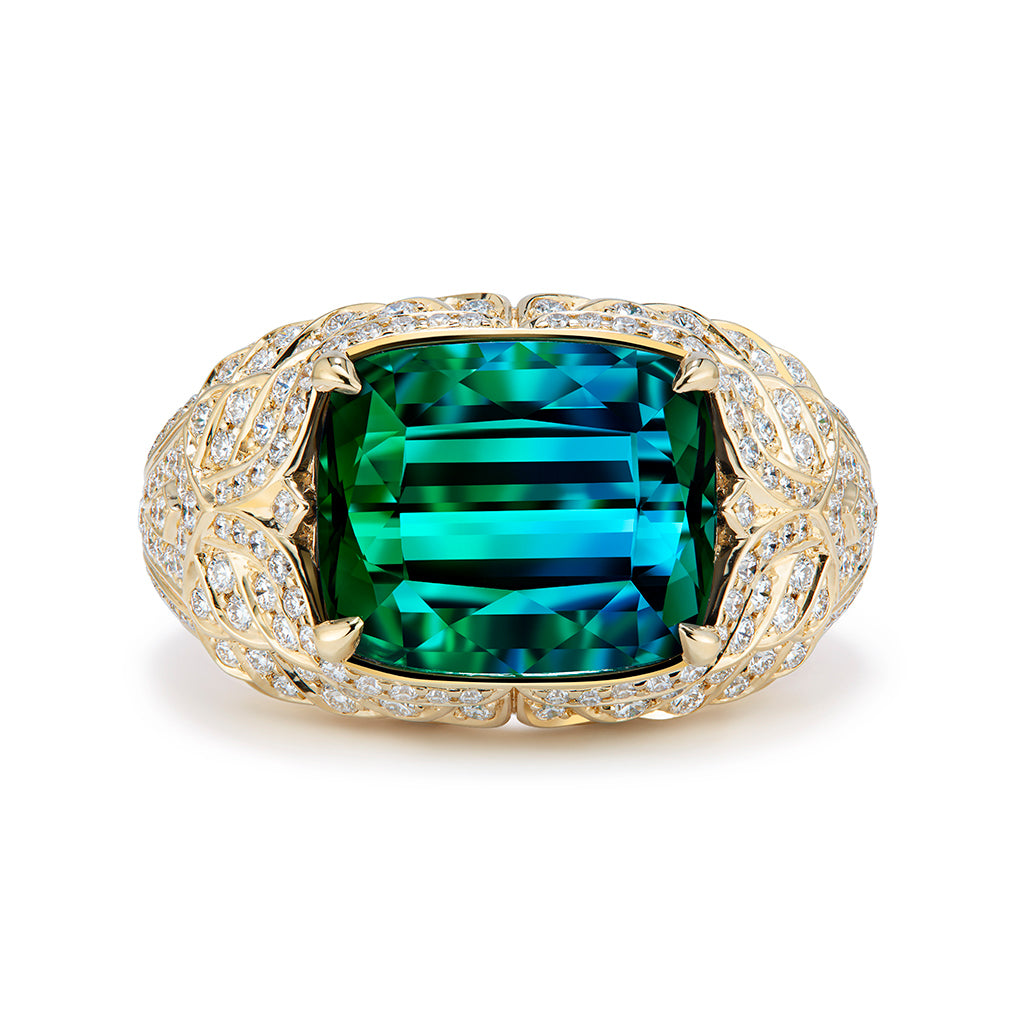Afghan Bi Color Indicolite Tourmaline Ring with D Flawless Diamonds set in 18K Yellow Gold