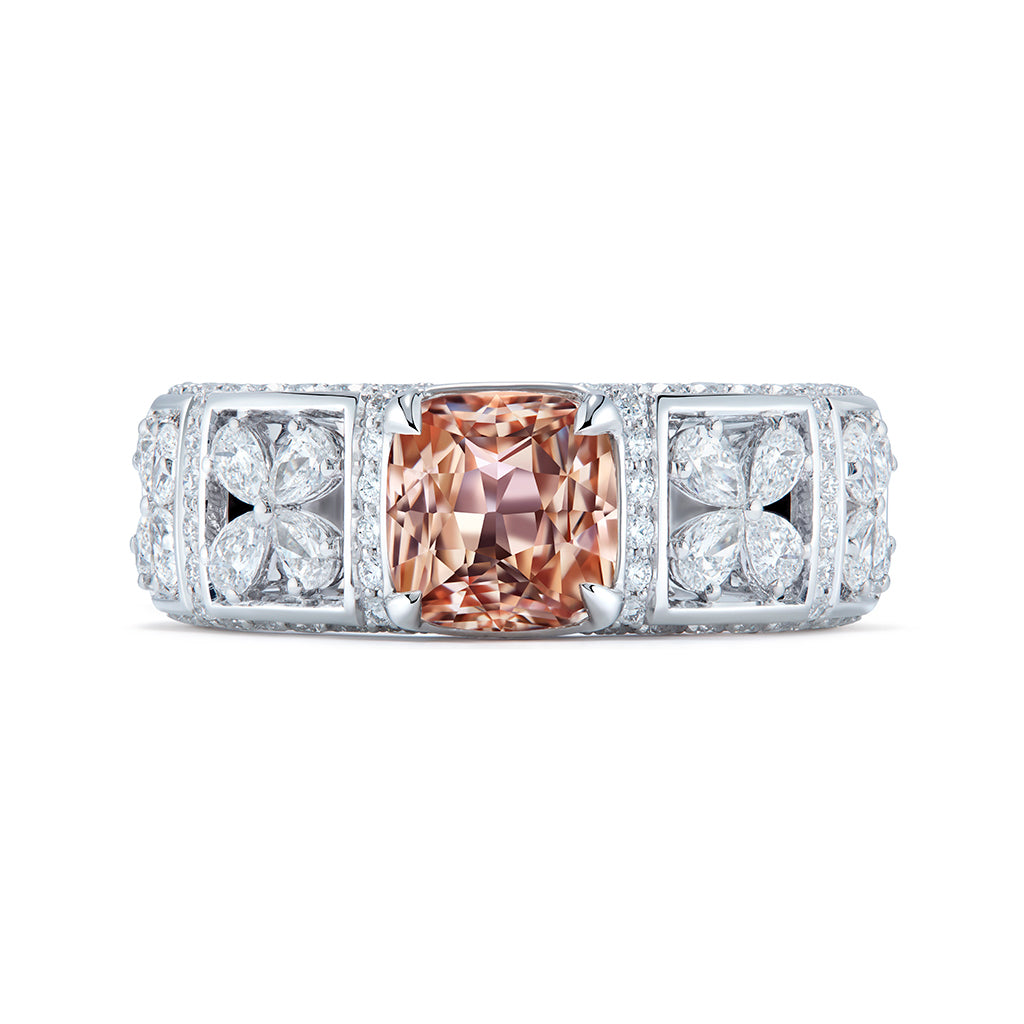 Unheated Sunset Padparadscha Sapphire Ring with D Flawless Diamonds set in 18K White Gold