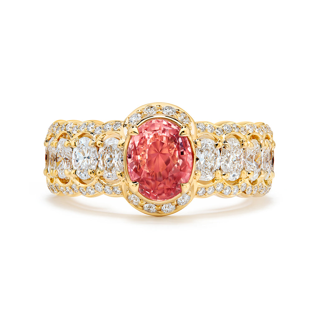 Unheated Ceylon Padparadscha Sapphire Ring with D Flawless Diamonds set in 18K Yellow Gold