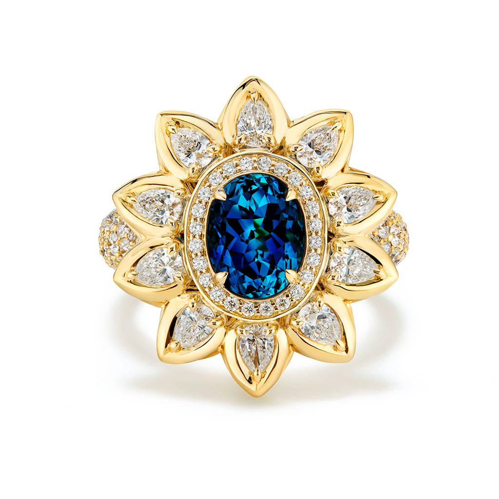 Afghan Indigo Blue Indicolite Tourmaline Ring with D Flawless Diamonds set in 18K Yellow Gold