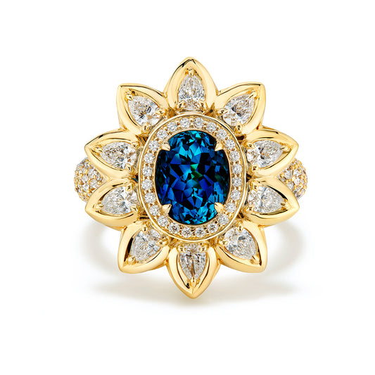 Afghan Indigo Blue Indicolite Tourmaline Ring with D Flawless Diamonds set in 18K Yellow Gold
