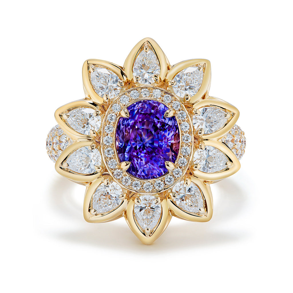 Unheated Ceylon Vivid Lavender Sapphire Ring with D Flawless Diamonds set in 18K Yellow Gold