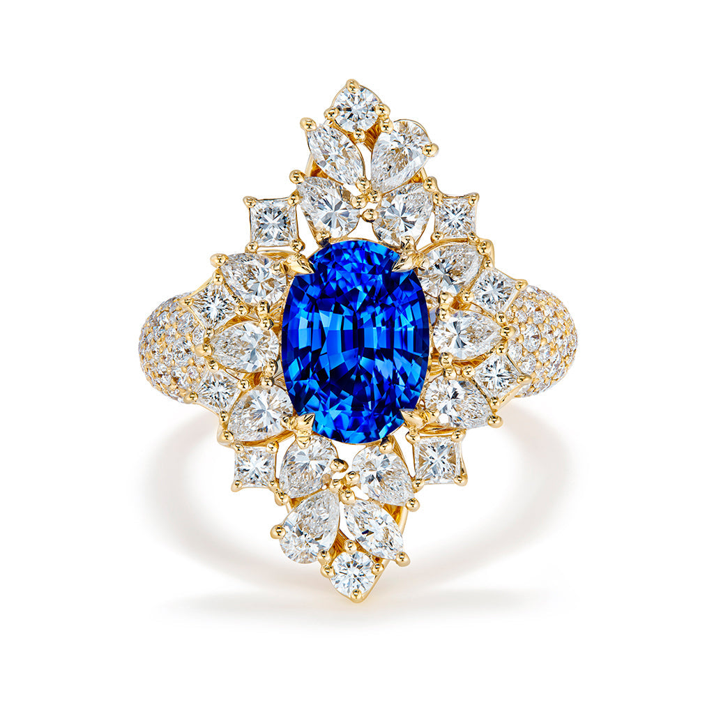 Unheated Ceylon Royal Blue Sapphire Ring with D Flawless Diamonds set in 18K Yellow Gold