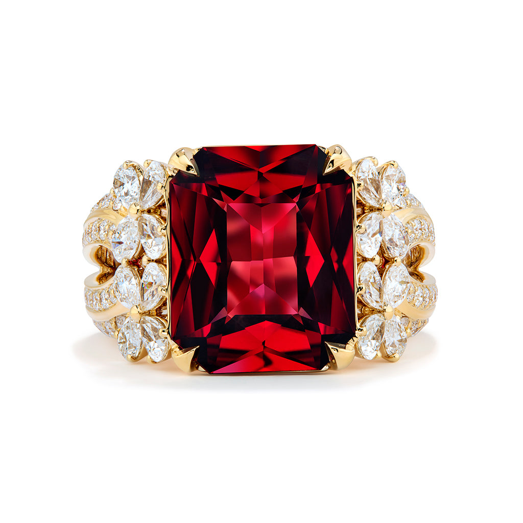 Neon Red Malaya Garnet Ring with D Flawless Diamonds set in 18K Yellow Gold