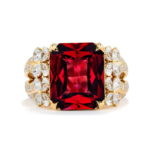 Neon Red Malaya Garnet Ring with D Flawless Diamonds set in 18K Yellow Gold