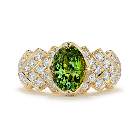 Green Tanzanite Ring with D Flawless Diamonds set in 18K Yellow Gold