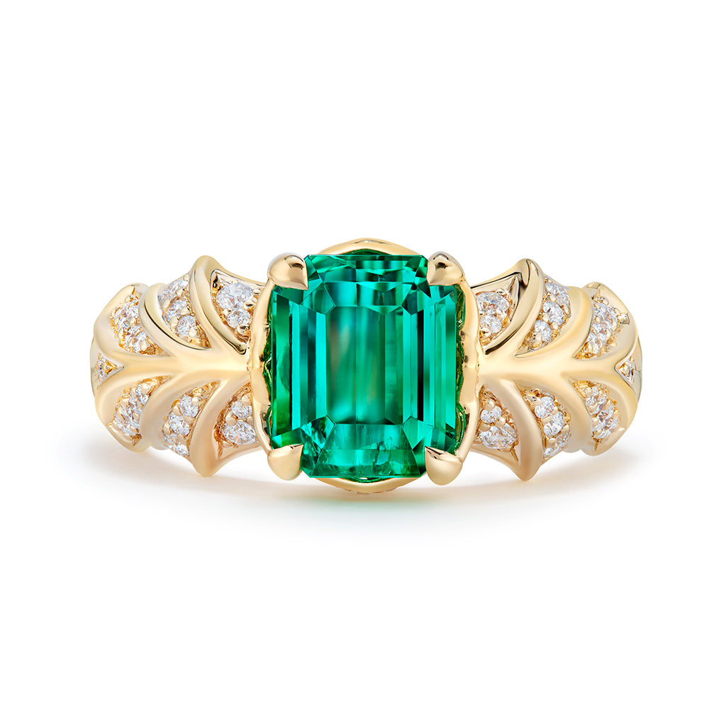 Muzo Colombian Intense Green Emerald Ring with D Flawless Diamonds set in 18K Yellow Gold