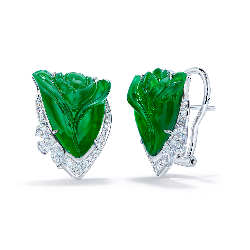 Fei Cui Imperial A Jadeite Earrings with D Flawless Diamonds set in 18K White Gold