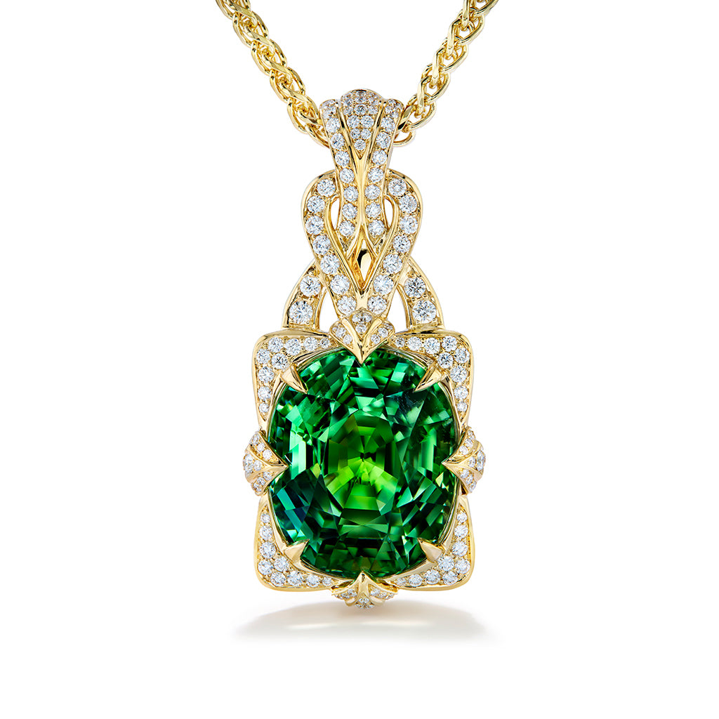 Flawless Neon Titanium Tourmaline Necklace with D Flawless Diamonds set in 18K Yellow Gold