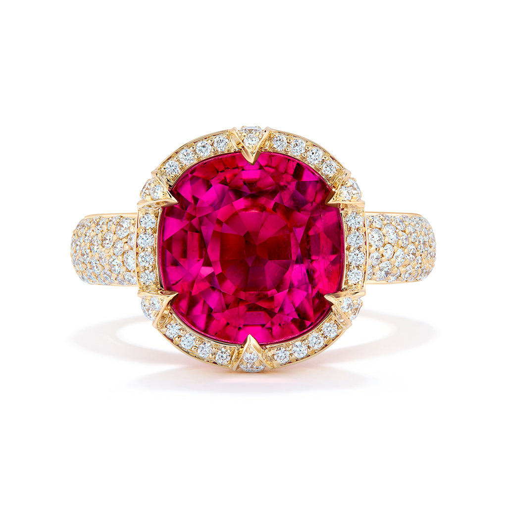Brazilian Neon Rubellite Tourmaline Ring with D Flawless Diamonds set in 18K Yellow Gold