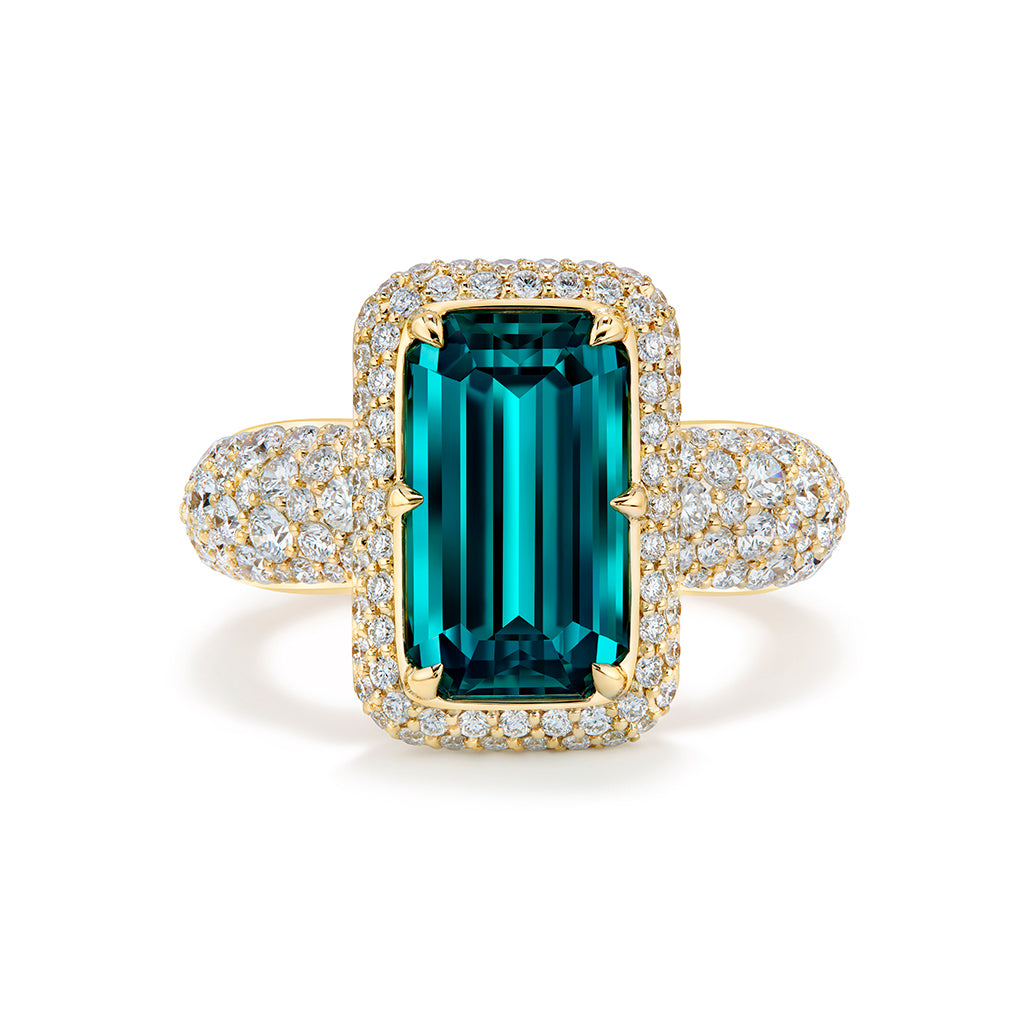 Afghan Neon Lagoon Tourmaline Ring with D Flawless Diamonds set in 18K Yellow Gold