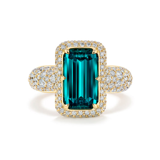Afghan Neon Lagoon Tourmaline Ring with D Flawless Diamonds set in 18K Yellow Gold