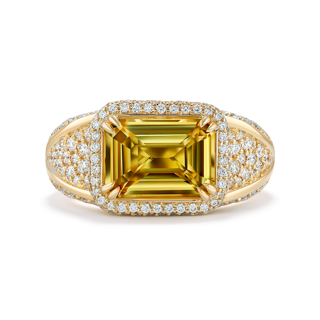 Unheated Srilankan Vivid Canary Yellow Sapphire Ring with D Flawless Diamonds set in 18K Yellow Gold