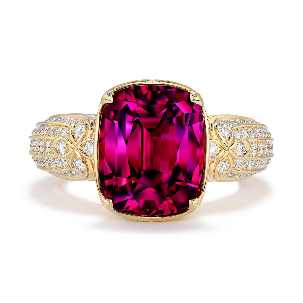 Magenta Garnet Ring with D Flawless Diamonds set in 18K Yellow Gold