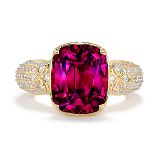 Magenta Garnet Ring with D Flawless Diamonds set in 18K Yellow Gold