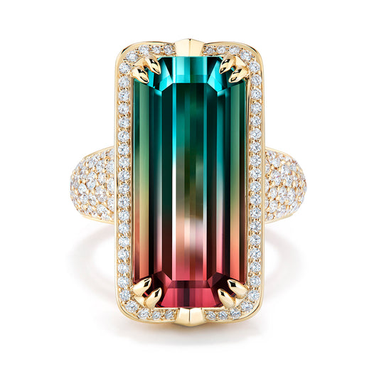 Afghan Lagoon Blue And Pink Bi Color Tourmaline Ring with D Flawless Diamonds set in 18K Yellow Gold