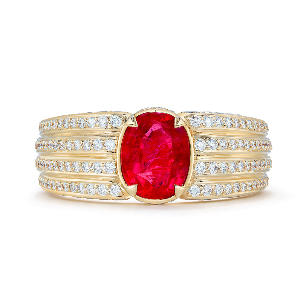 Unheated Mogok Intense Red Ruby Ring with D Flawless Diamonds set in 18K Yellow Gold