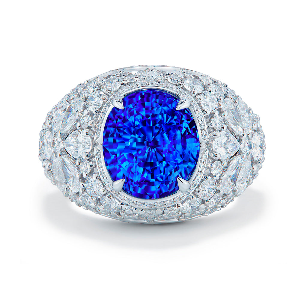 Unheated Ceylon Cornflower Blue Sapphire Ring with D Flawless Diamonds set in 18K White Gold