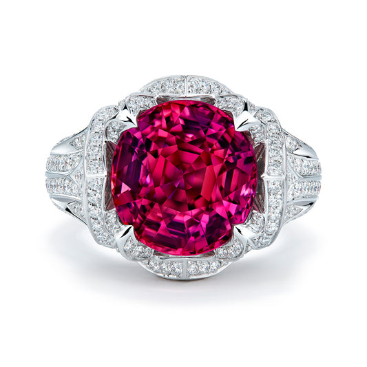 Unheated Flawless Neon Rubellite Tourmaline Ring with D Flawless Diamonds set in 18K White Gold