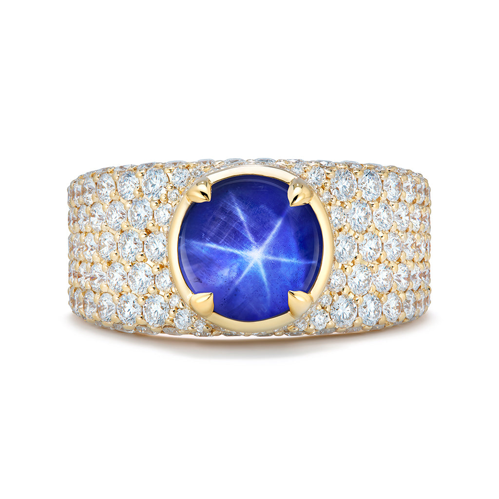 Unheated Ceylon Star Blue Sapphire Ring with D Flawless Diamonds set in 18K Yellow Gold