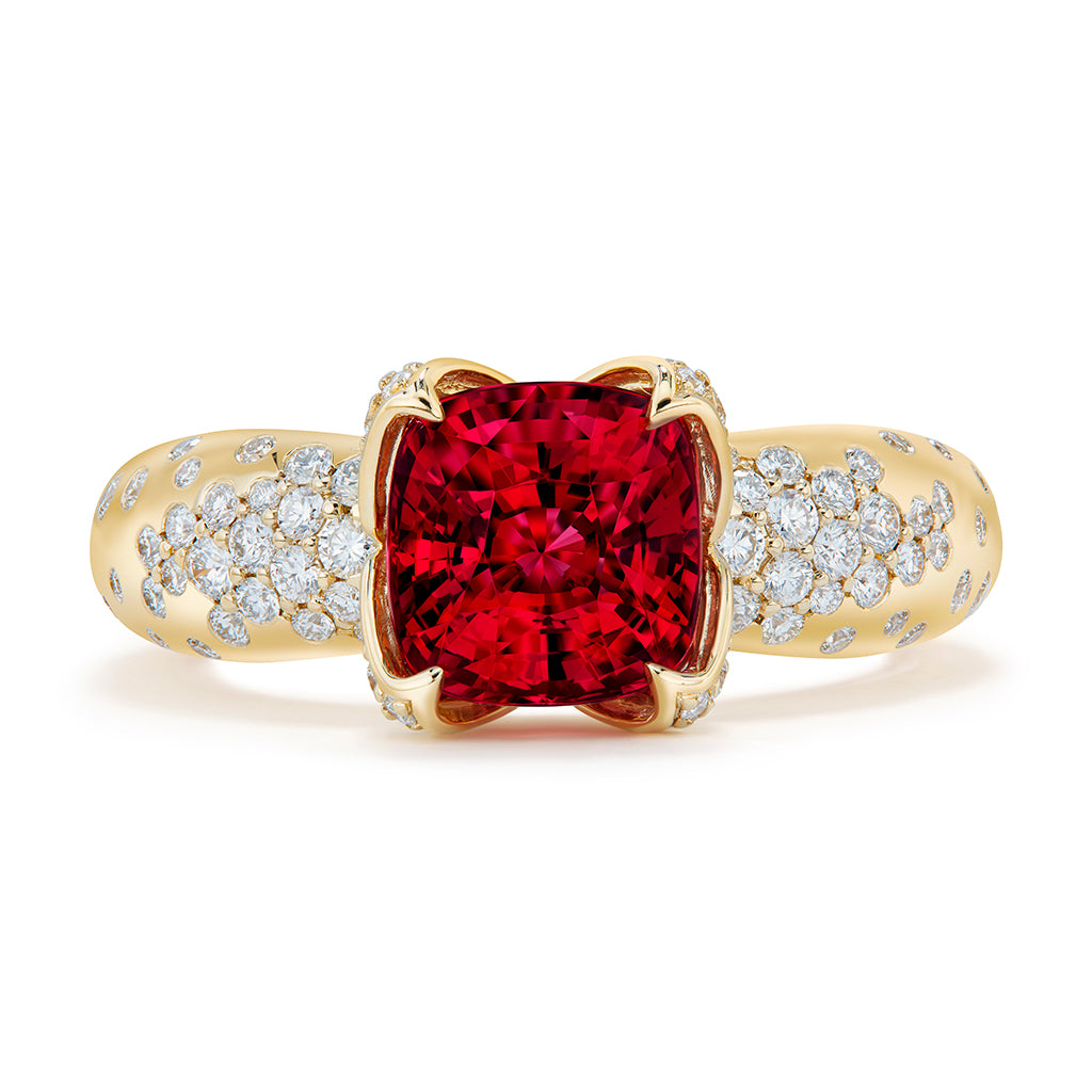 Neon Jedi Vibrant Red Spinel Ring with D Flawless Diamonds set in 18K Yellow Gold