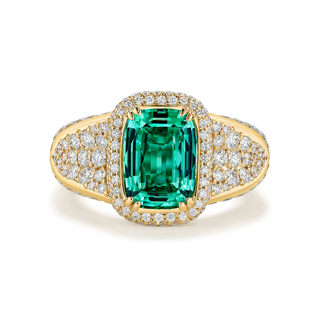 Neon Vanadium Chrysoberyl Ring with D Flawless Diamonds set in 18K Yellow Gold