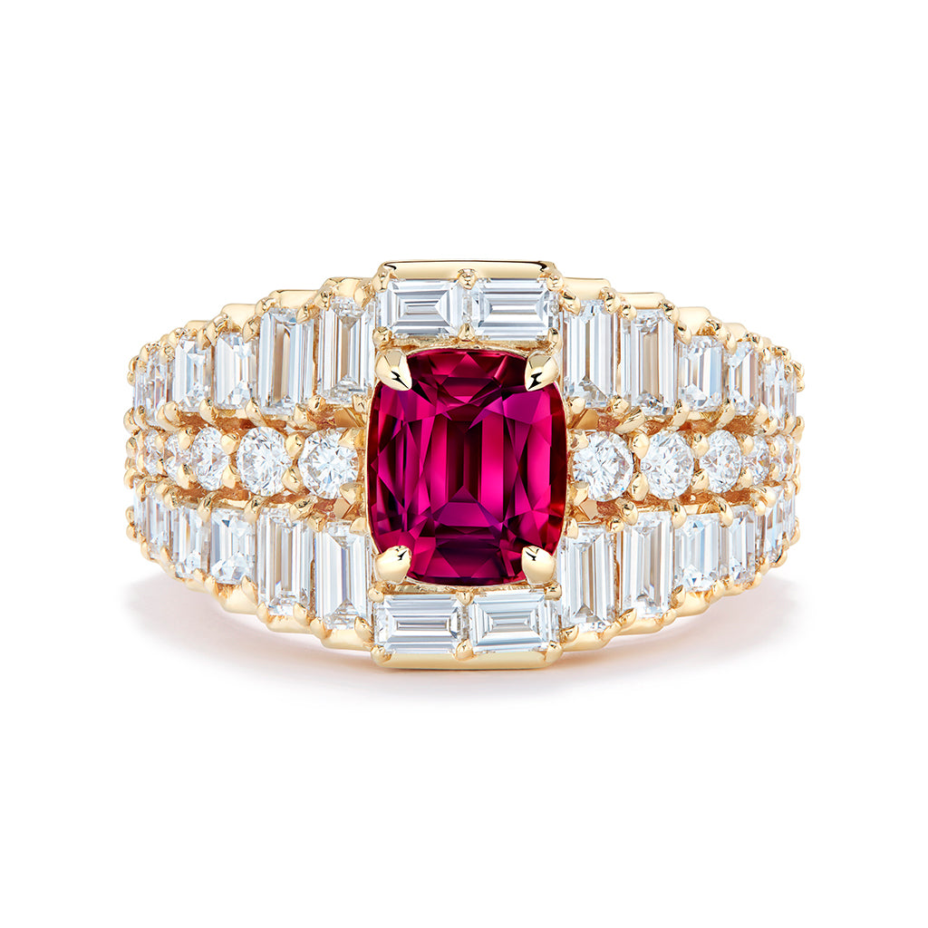 Unheated Intense Red Ruby Ring with D Flawless Diamonds set in 18K Yellow Gold