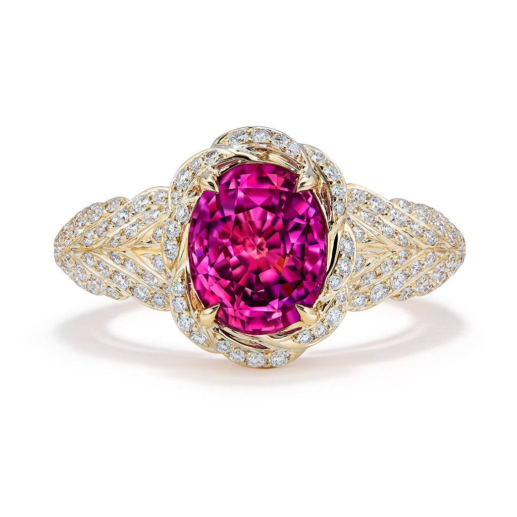 Unheated Vivid Intense Pink Sapphire Ring with D Flawless Diamonds set in 18K Yellow Gold