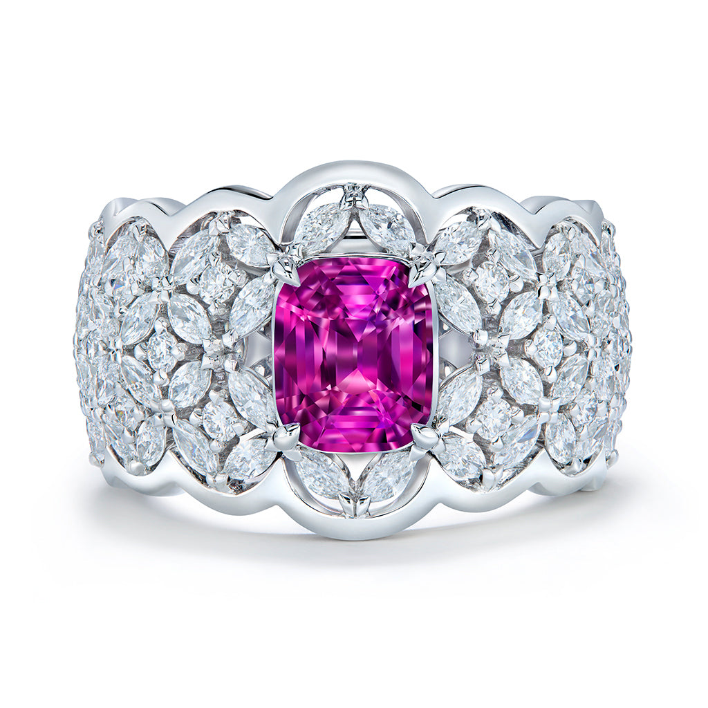 Unheated Intense Hot Pink Sapphire Ring with D Flawless Diamonds set in 18K White Gold