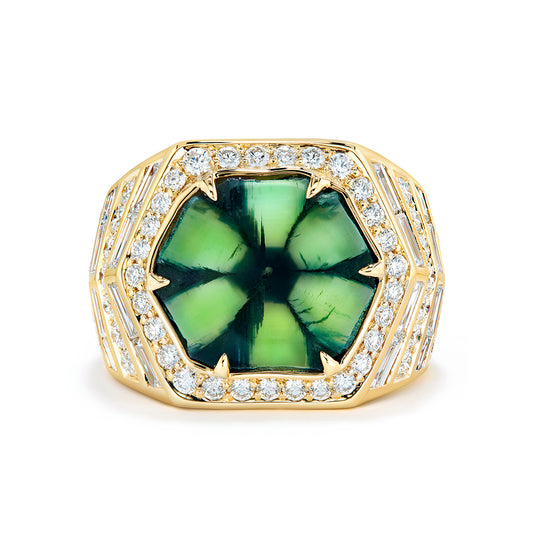 No Oil Muzo Colombian Trapiche Emerald Ring with D Flawless Diamonds set in 18K Yellow Gold