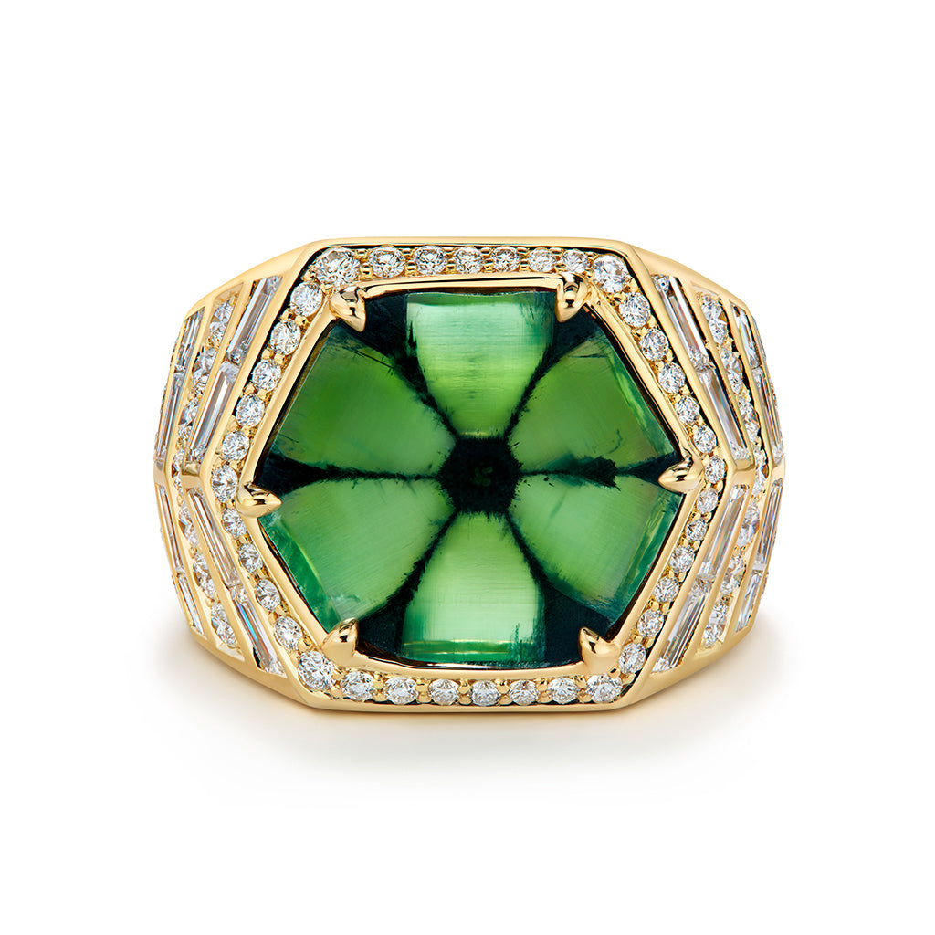 No Oil Muzo Colombian Trapiche Emerald Ring with D Flawless Diamonds set in 18K Yellow Gold