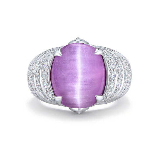 Natural Kunzite Cats Eye Ring with D Flawless Diamonds set in 18K White Gold