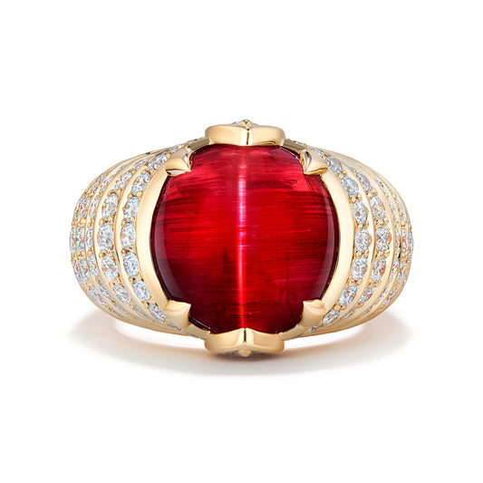 Rubellite Cats Eye Ring with D Flawless Diamonds set in 18K Yellow Gold