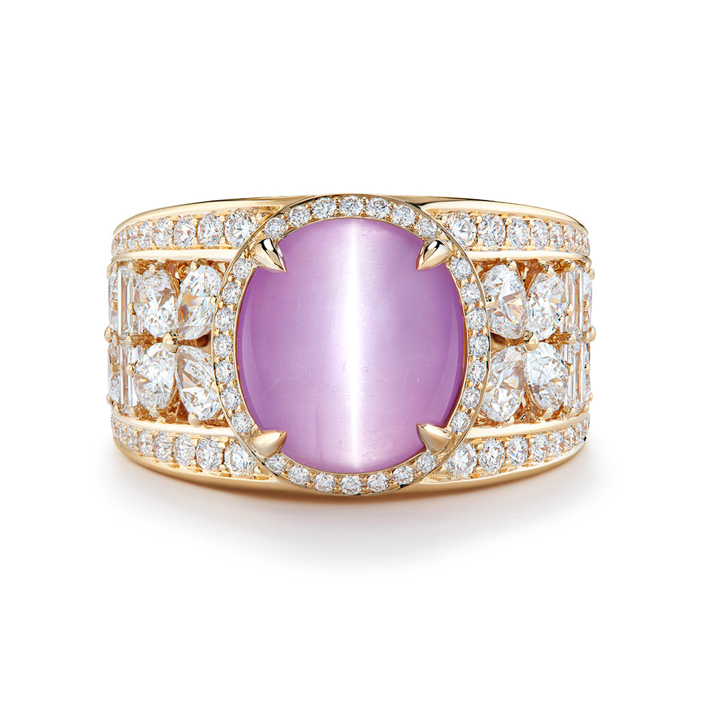 Natural Kunzite Cats Eye Ring with D Flawless Diamonds set in 18K Yellow Gold