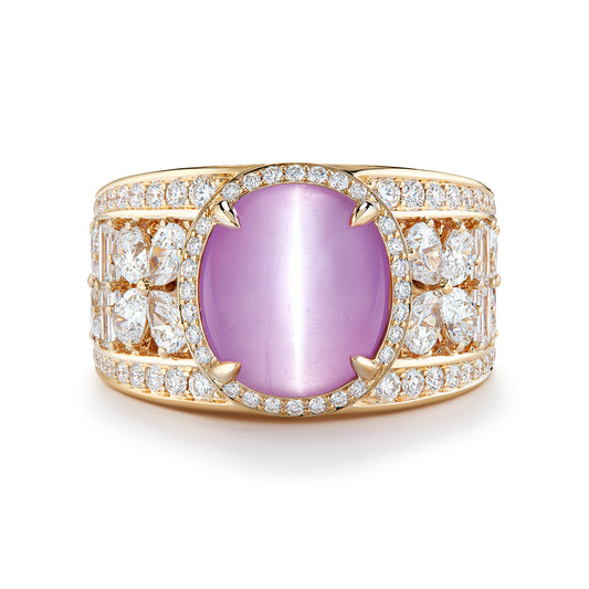 Natural Kunzite Cats Eye Ring with D Flawless Diamonds set in 18K Yellow Gold