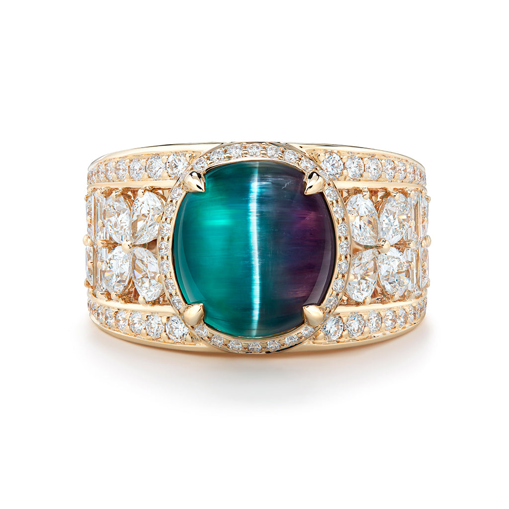 Bi Color Cats Eye indicolite Ring with D Flawless Diamonds set in 18K Yellow Gold