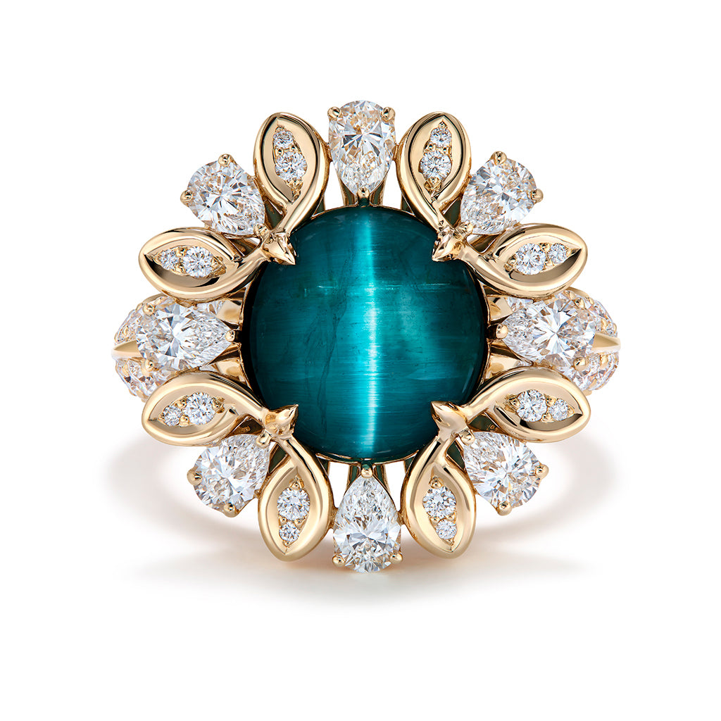 Indicolite Cats Eye Ring with D Flawless Diamonds set in 18K Yellow Gold